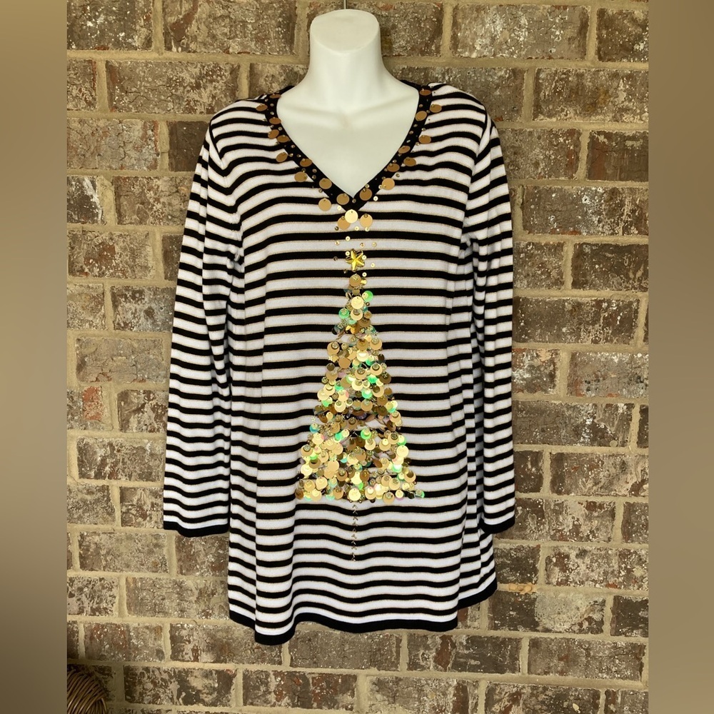 Berek Christmas Tree Sweater Black White Gold Size Medium with Sequins NWT